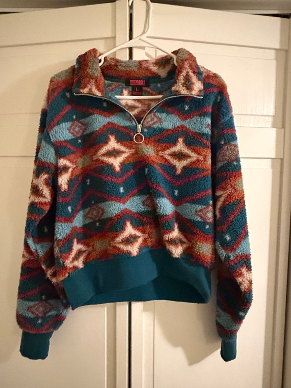 Cozy Teal Patterned Sherpa Quarter-Zip Sweater